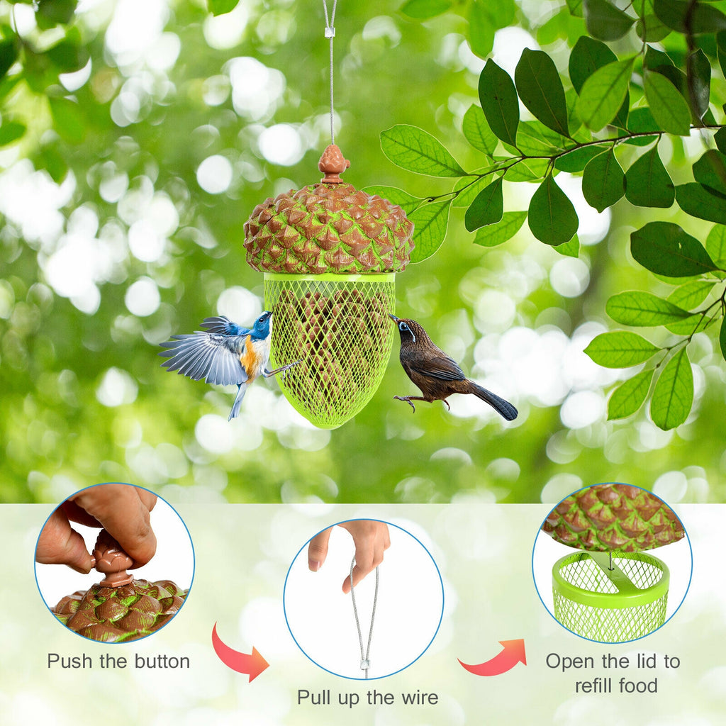 Metal Acorn Bird Feeder with Iron Mesh & Top Lid - Outdoor Hanging Food Dispenser, Brown