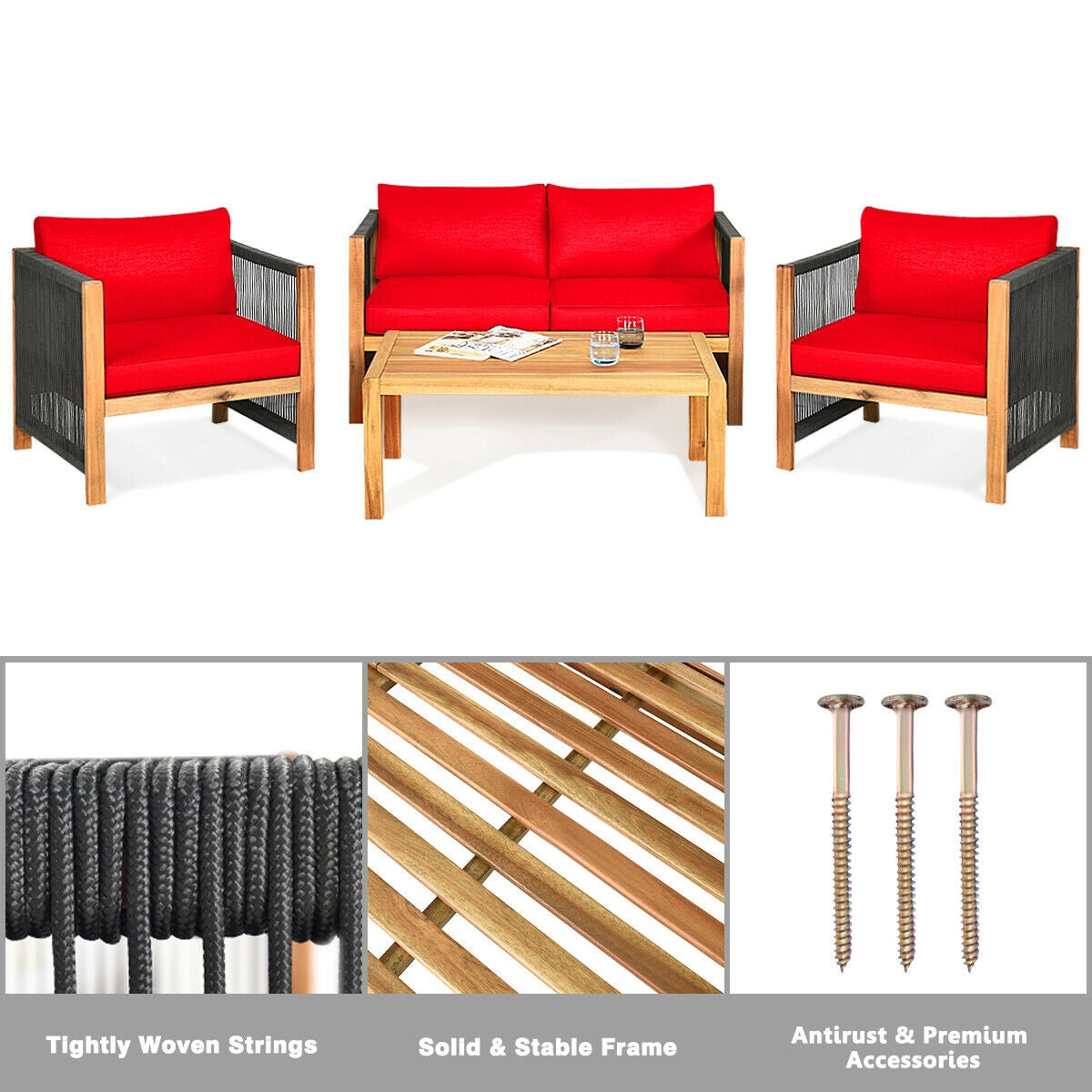 Acacia Wood Outdoor Sofa Set with Cushions - Red