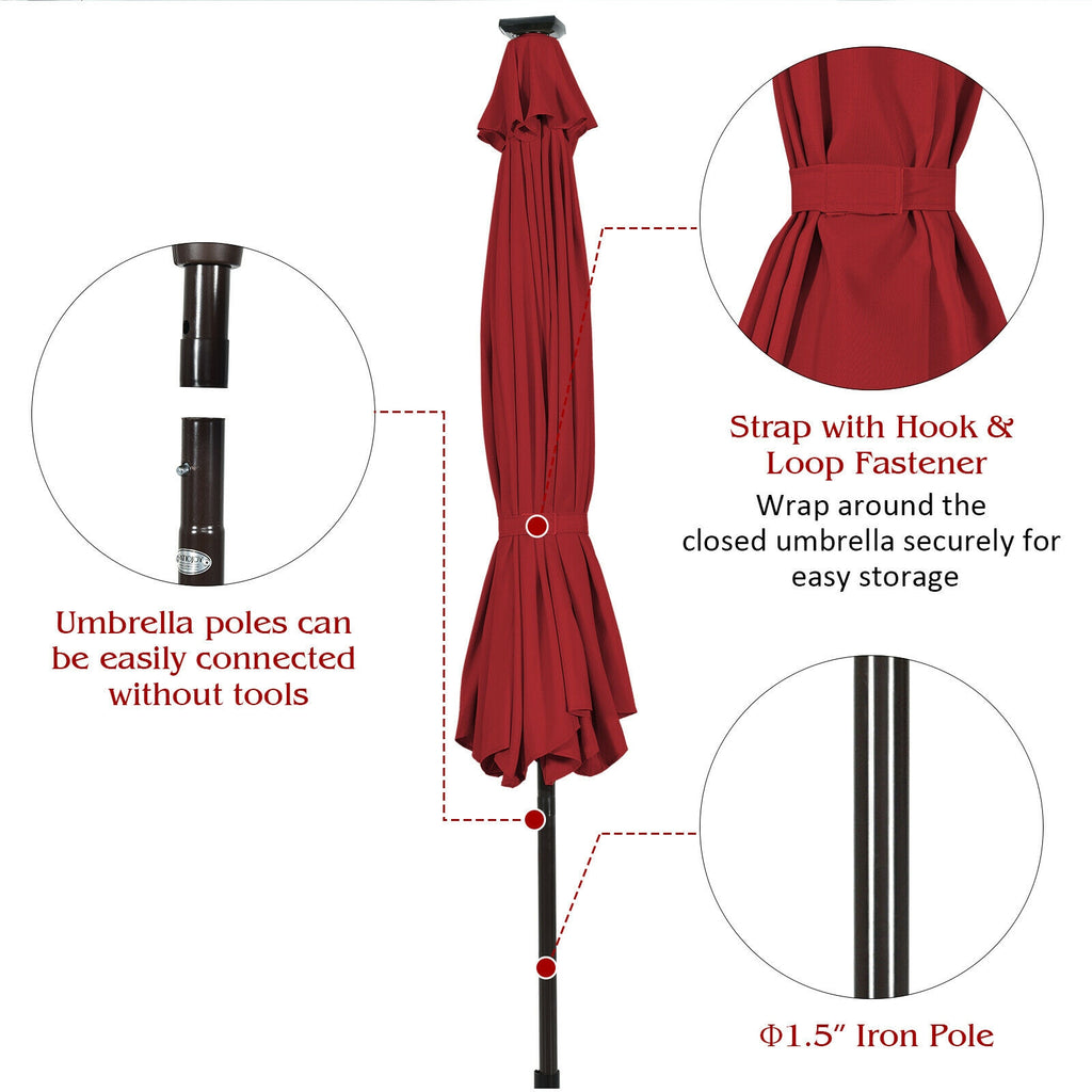 10 FT Patio Umbrella with Solar LED Lights - Dark Red