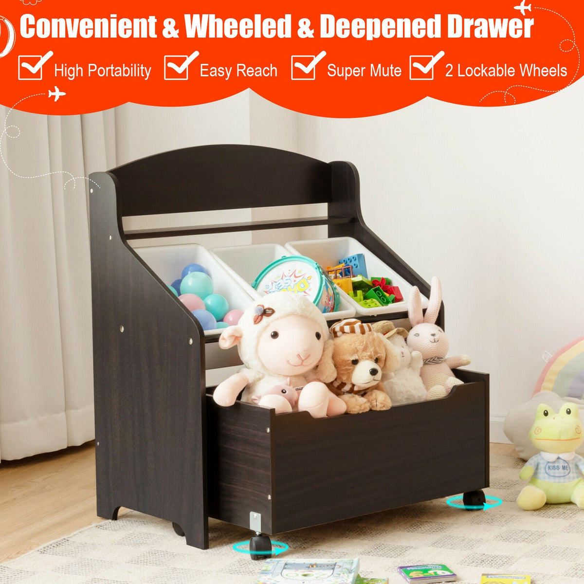 Kids Toy Storage Organizer with Rolling Toy Box and Plastic Bins - Dark Brown