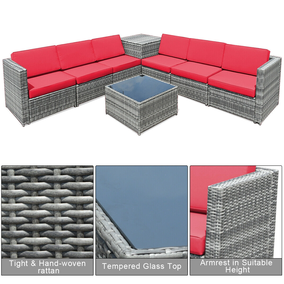 8-Piece Rattan Sofa Dining Set with Storage Table - Gray Red
