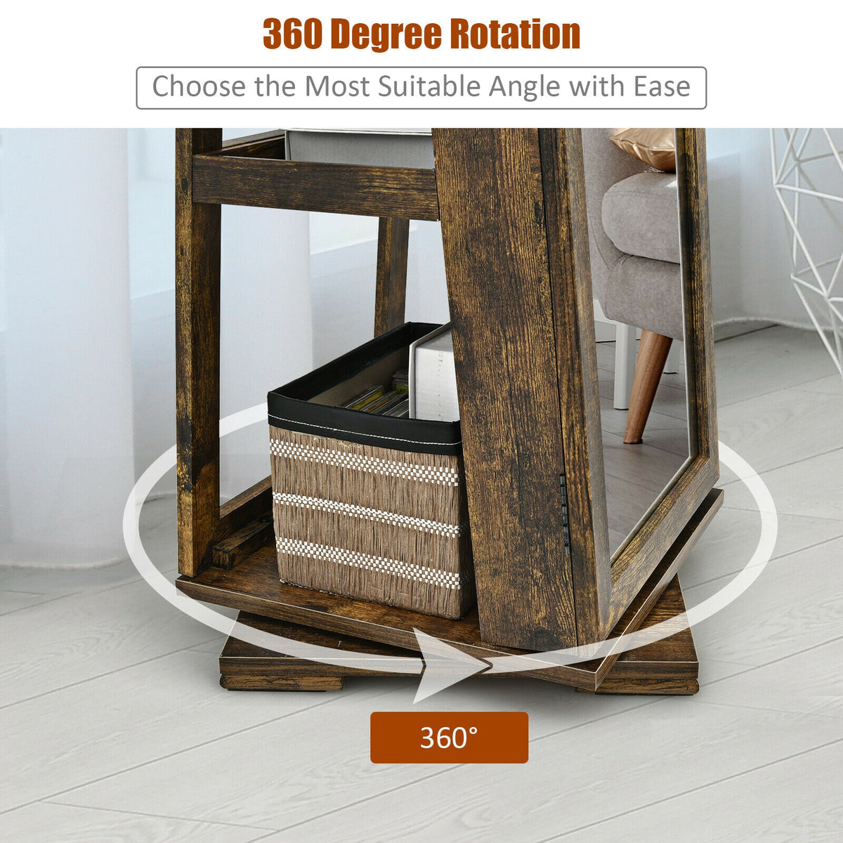 360° Rotating Jewelry Cabinet with Mirror, Rustic Brown - 3 Shelves