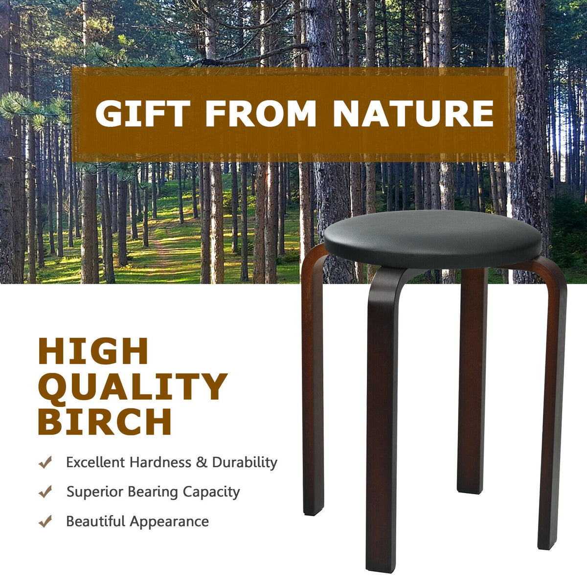 Bentwood Stack Stools with PU Leather Round Top, Black