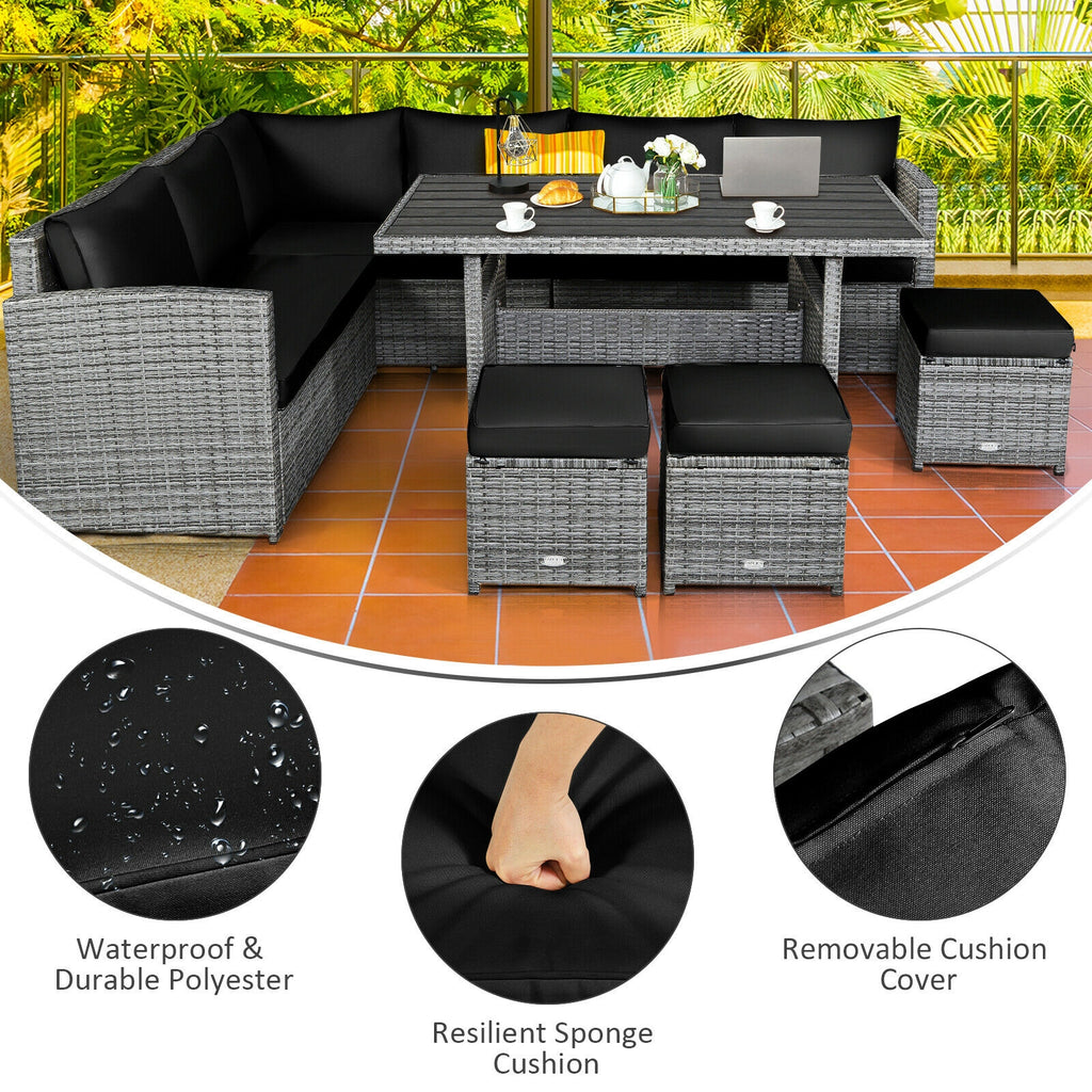 7-Piece Outdoor Wicker Sectional Sofa Set with Dining Table - Black