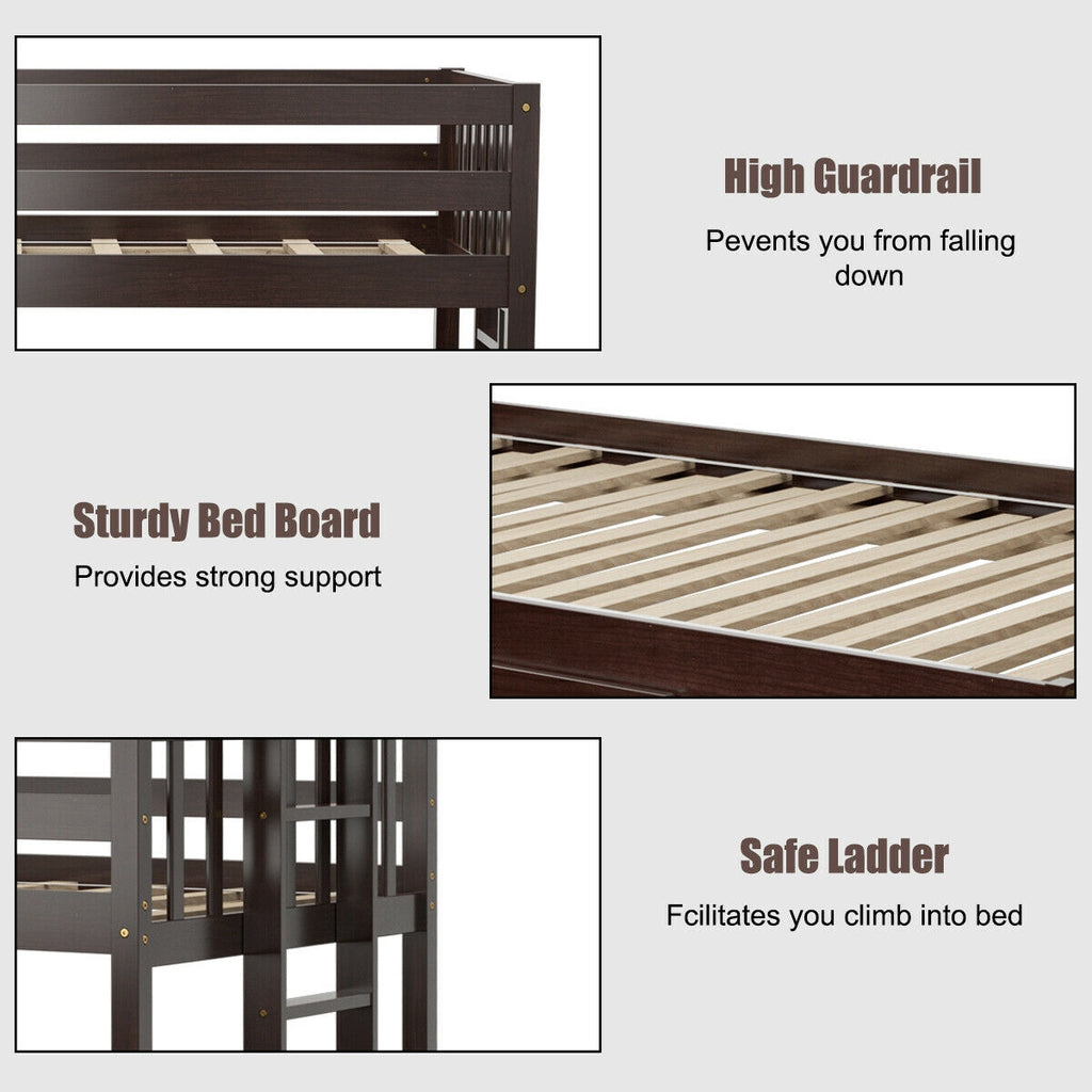 Twin Bunk Bed with Trundle & Wooden Ladder - Dark Brown