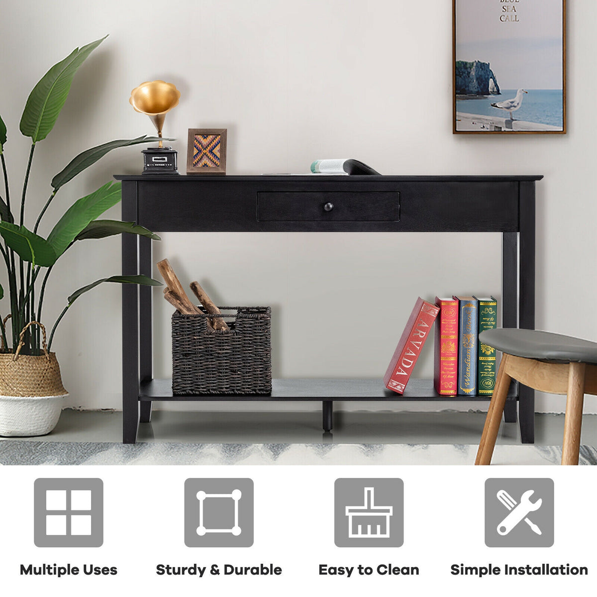 Console Sofa Table with Drawer Storage - Black