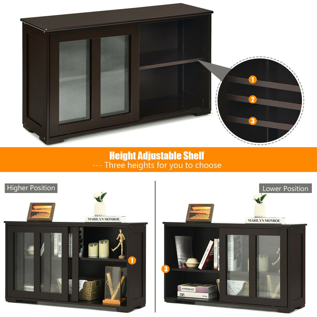 Sideboard Buffet Storage Cabinet Sliding Glass Door - Brown