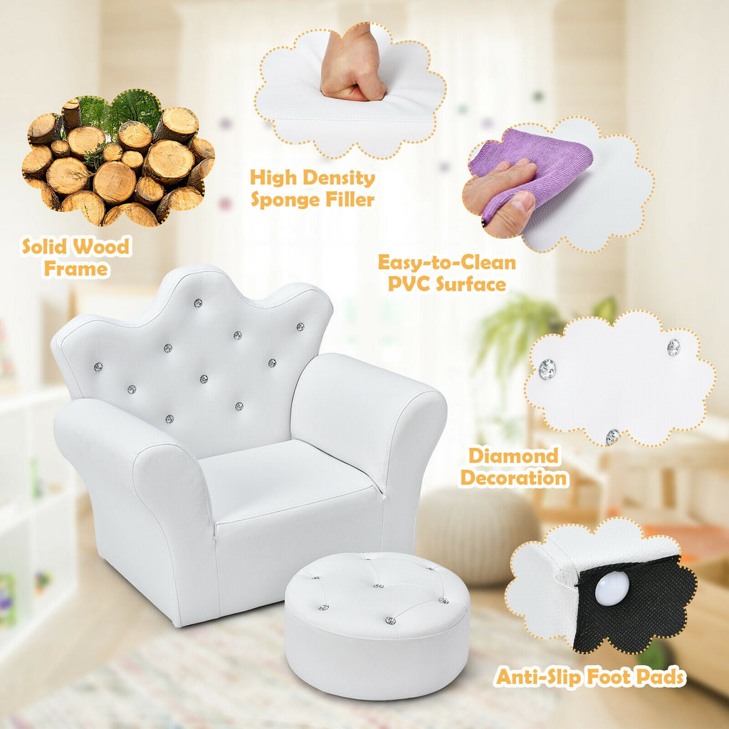 Children Upholstered Princess Sofa with Ottoman - White, Safe & Comfortable