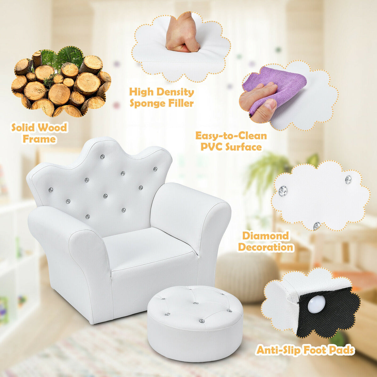 Children Upholstered Princess Sofa with Ottoman - White, Safe & Comfortable