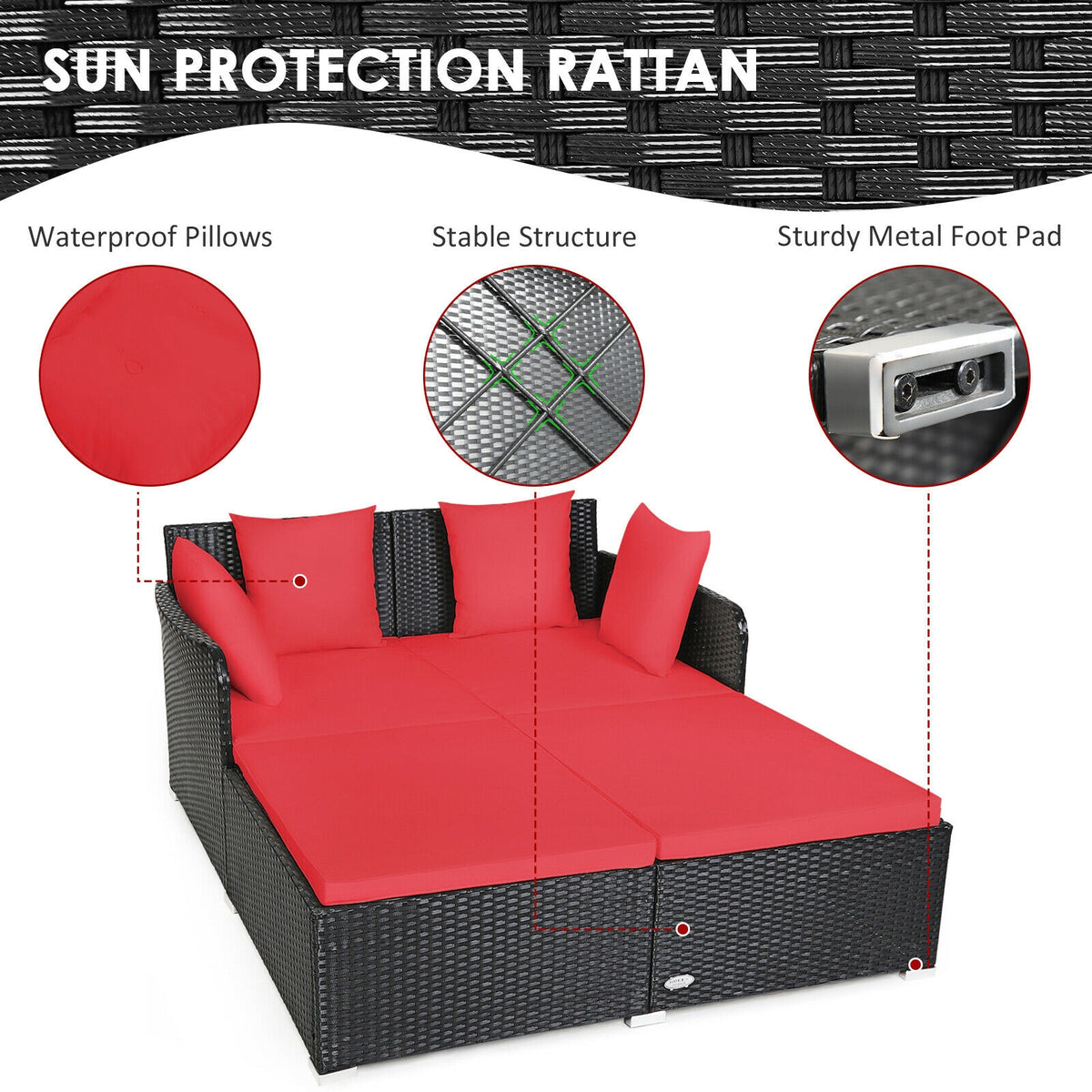 Spacious Outdoor Rattan Daybed with Upholstered Cushions and Pillows