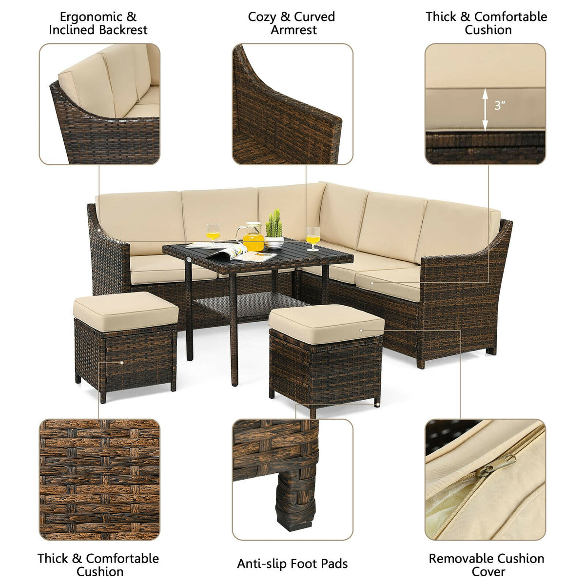 6 Pieces Patio Rattan Dining Sofa Funiture Set