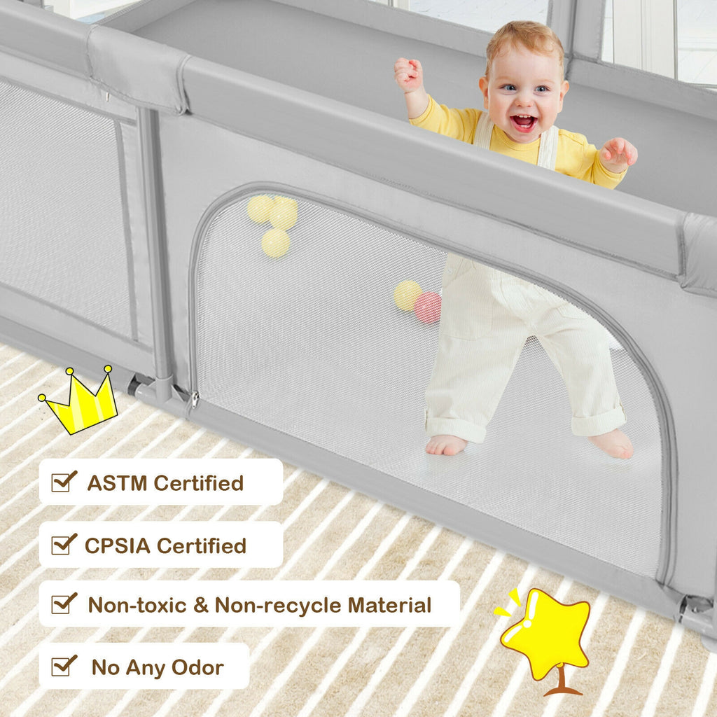 Gray 81 x 58 Inch Baby Playpen with 50 Ocean Balls & Zipper Doors - Safety & Kids Activity