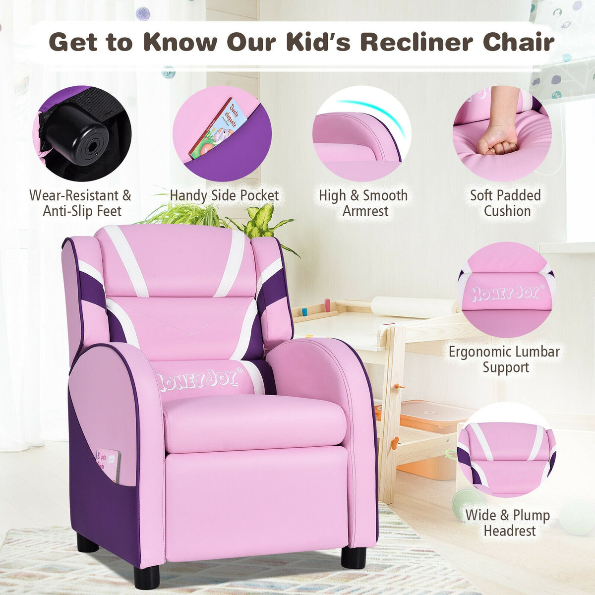 Kids Leather Recliner Chair with Side Pockets - Pink, Style B, Adjustable