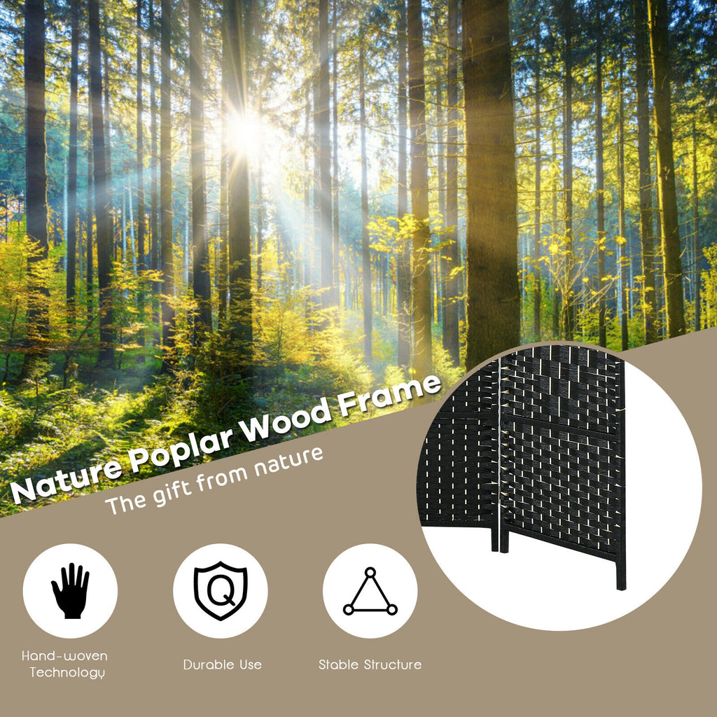 Foldable Fiber Room Divider Screen - 8-Panel Weave Fiber Privacy Divider - Black, 6 Feet