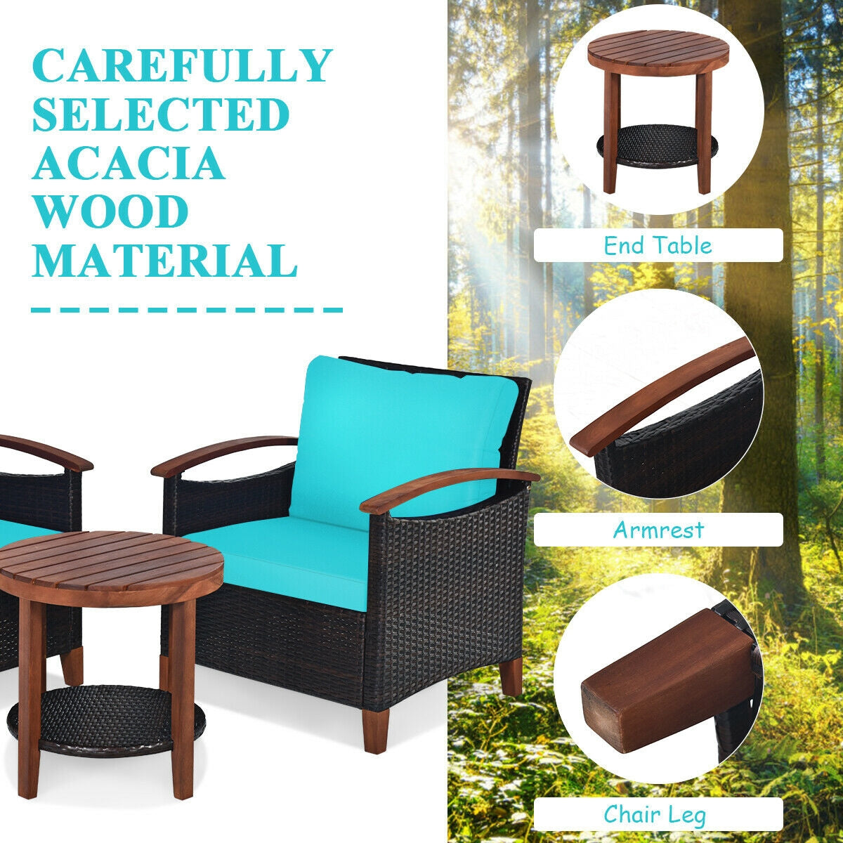 3-Piece Patio Wicker Furniture Set with Cushions - Turquoise