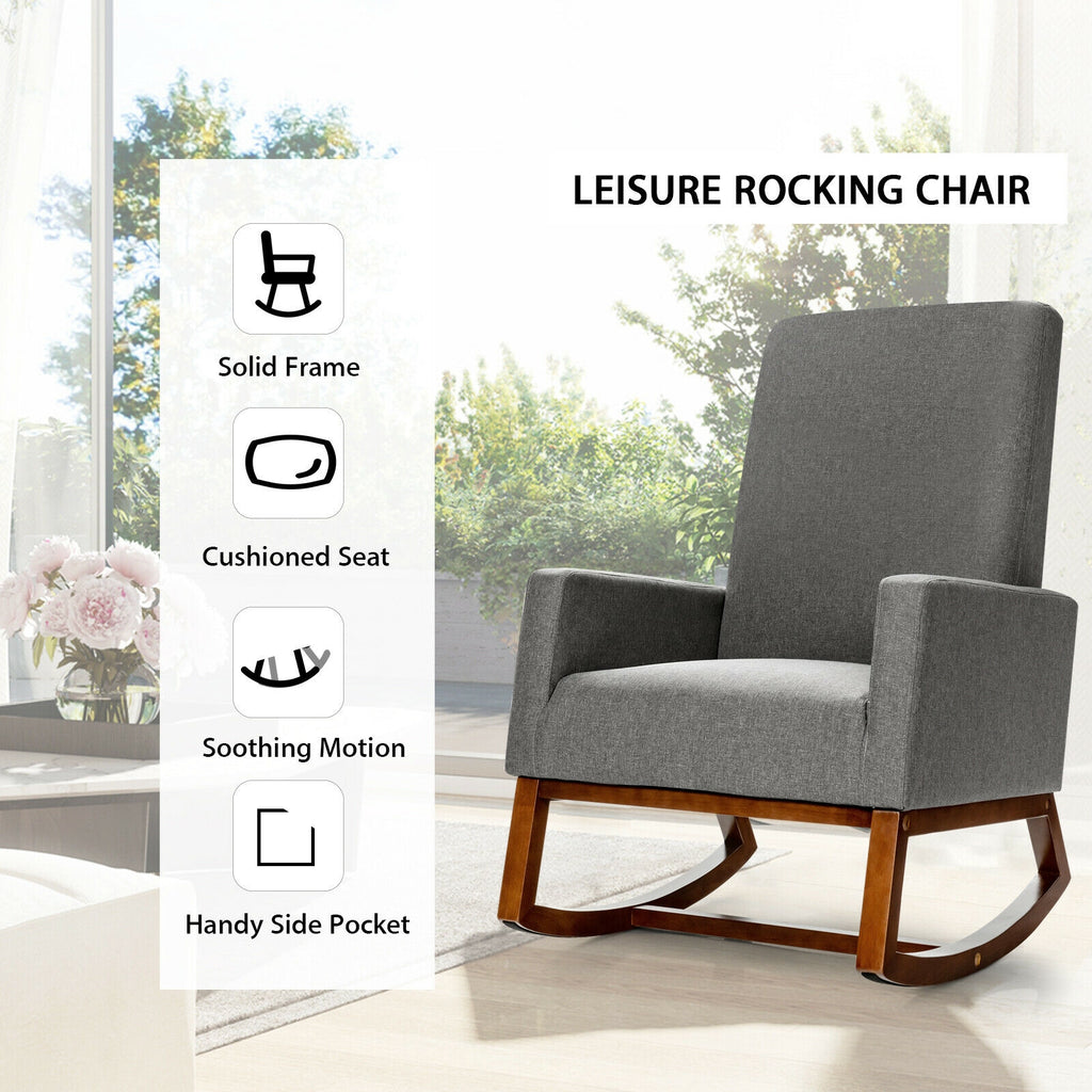 Rocking High Back Upholstered Armchair with Side Pocket - Gray