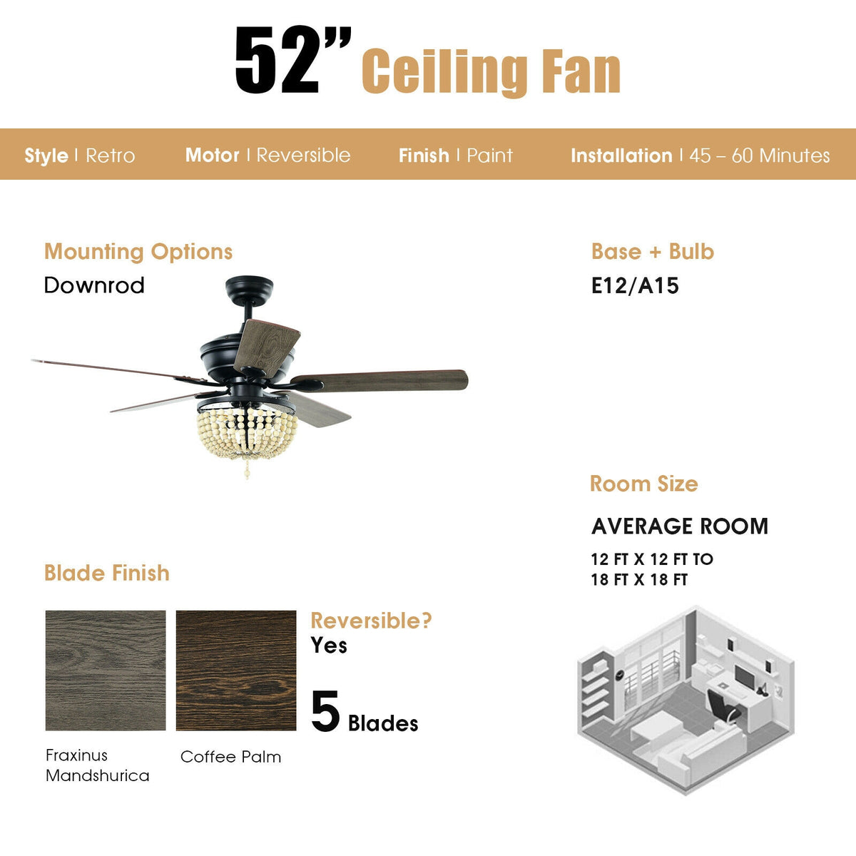 Retro Ceiling Fan Light with Reversible Blades and Remote Control - Black 52 Inch