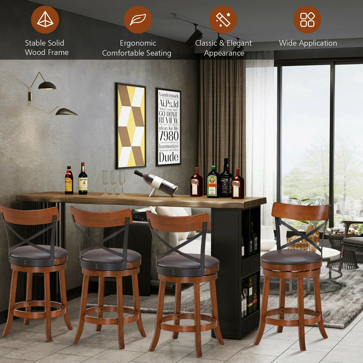 Set of 2 Bar Stools 360-Degree Swivel X-Back 25 inches