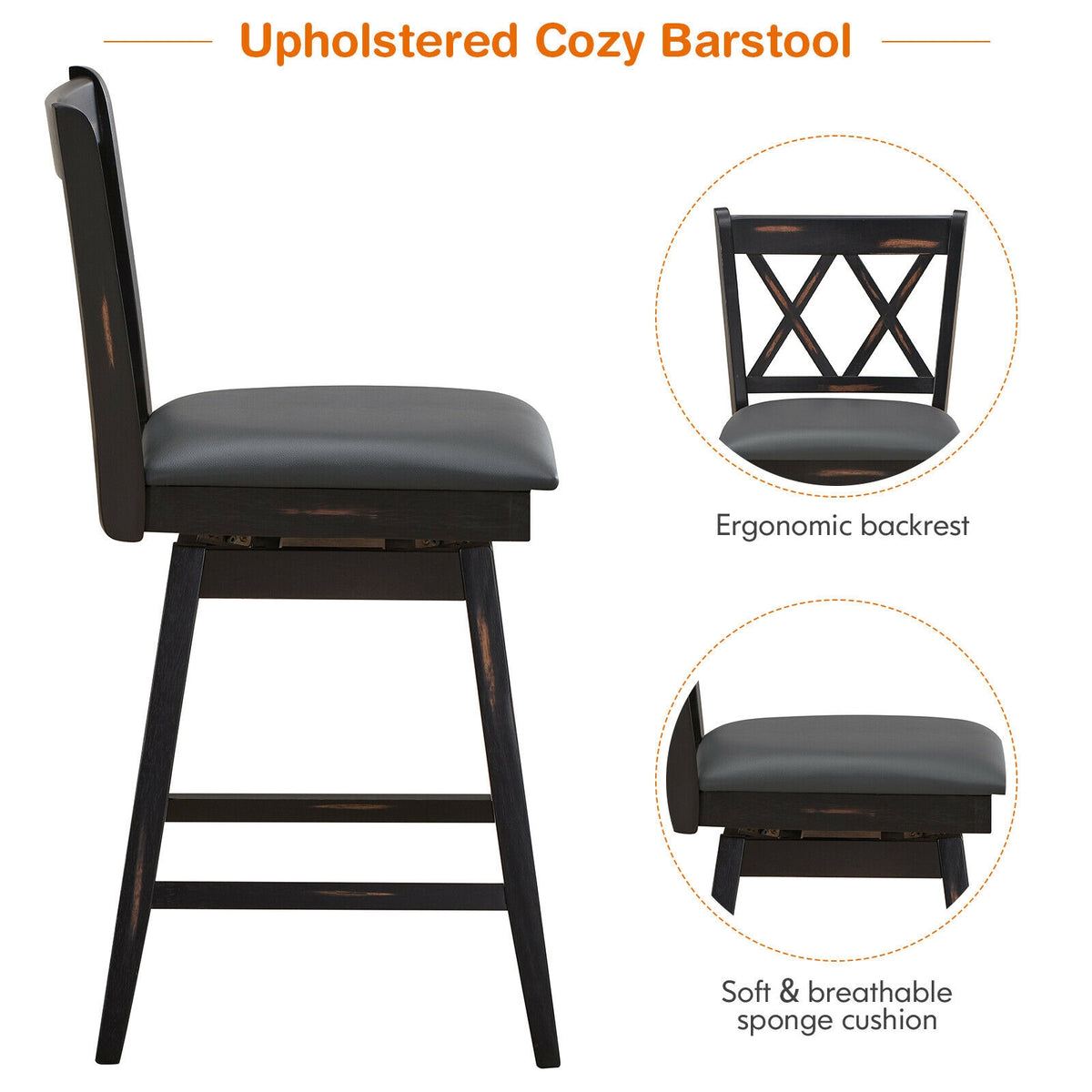 2-Piece 25" Counter Height Bar Stools with Cushion - Black