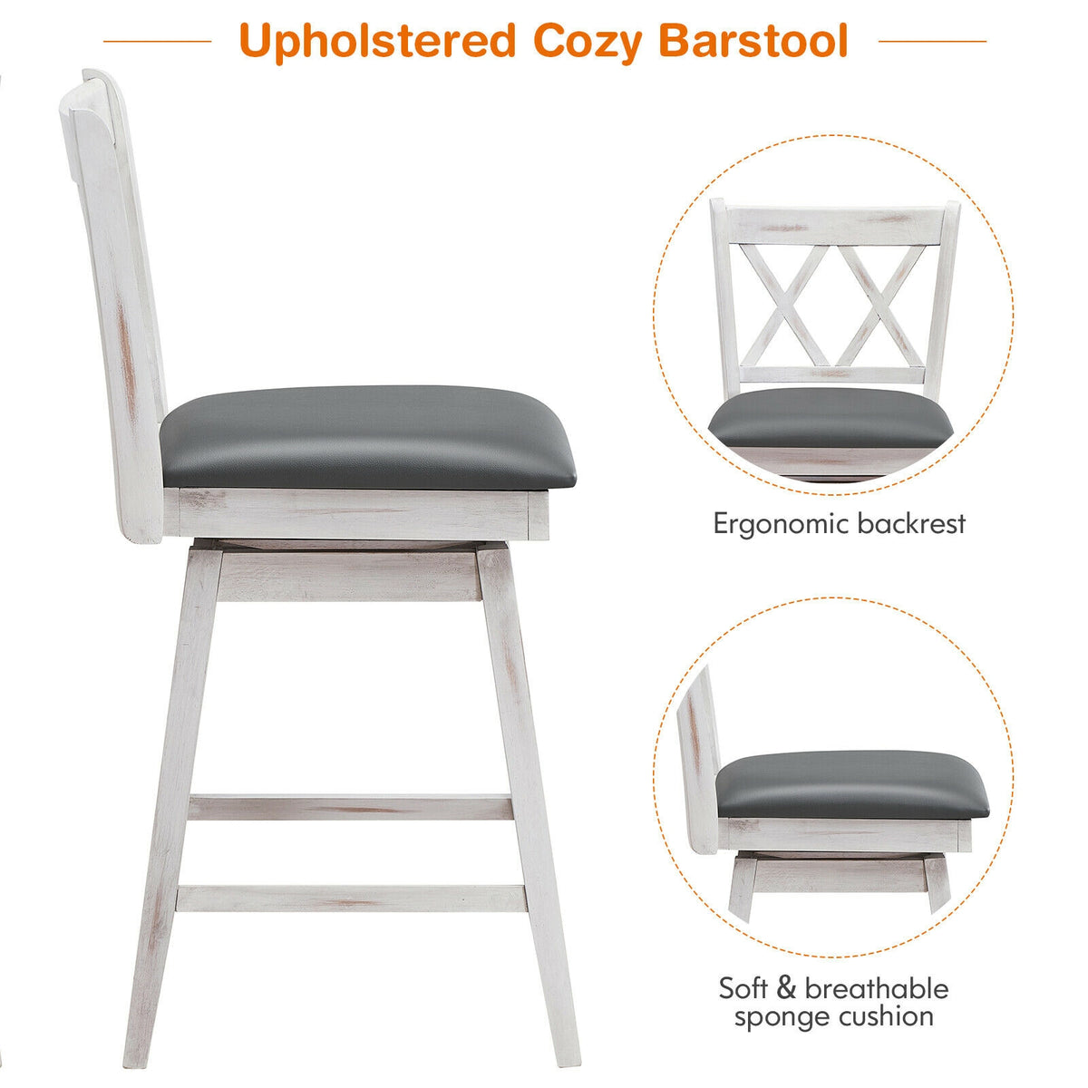 25 Inch Swivel Counter Height Bar Stools Set - Soft Cushion, White