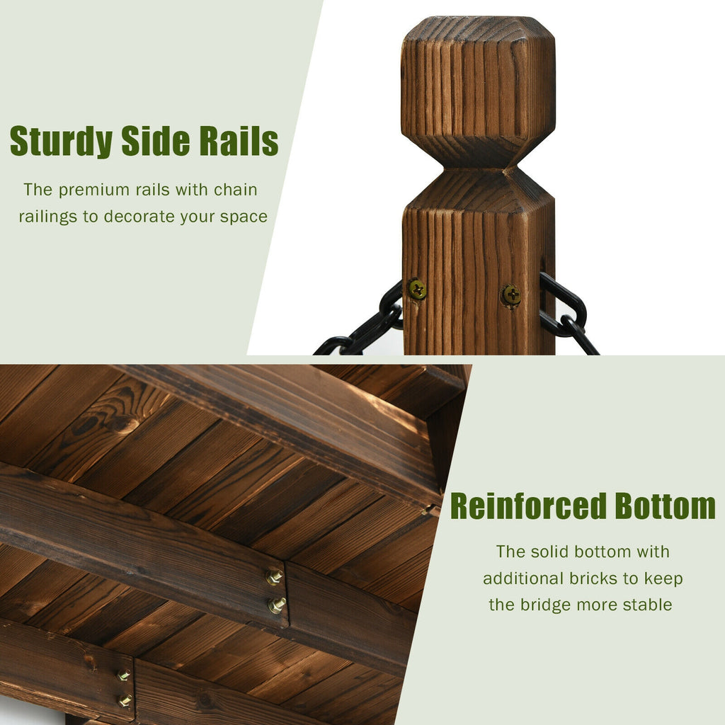 5 Feet Wooden Garden Bridge Arc Footbridge with Chain Railings - Fir Wood, 60 Inch L, Stained Finish