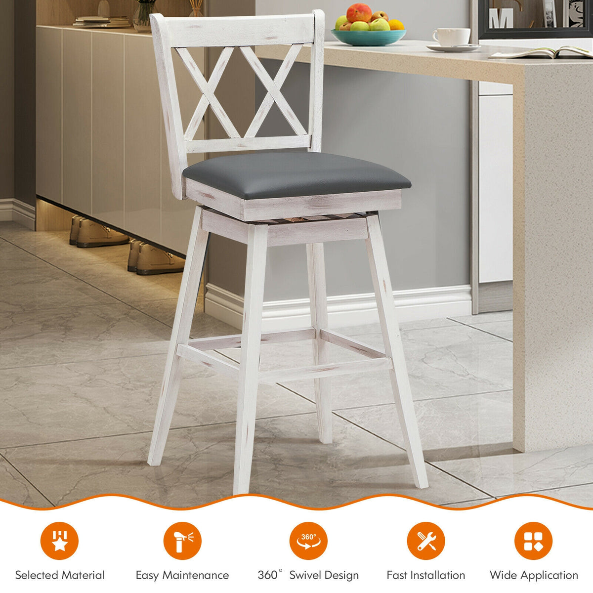 2-Piece Counter Height Barstool Set with Swivel Seat - White Cushion