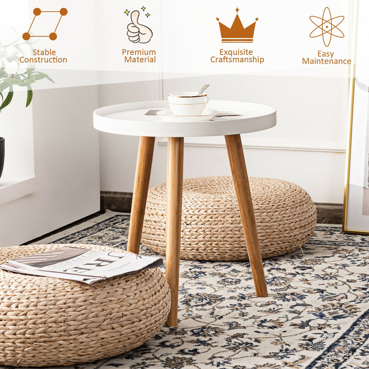 Mid Century Modern Round Coffee Table with Bamboo Feet, White