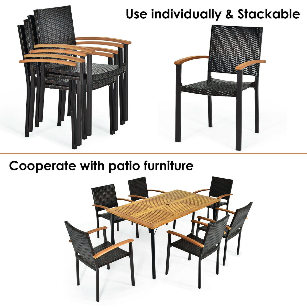 Set of 4 Outdoor Patio PE Rattan Dining Chairs with Powder-coated
