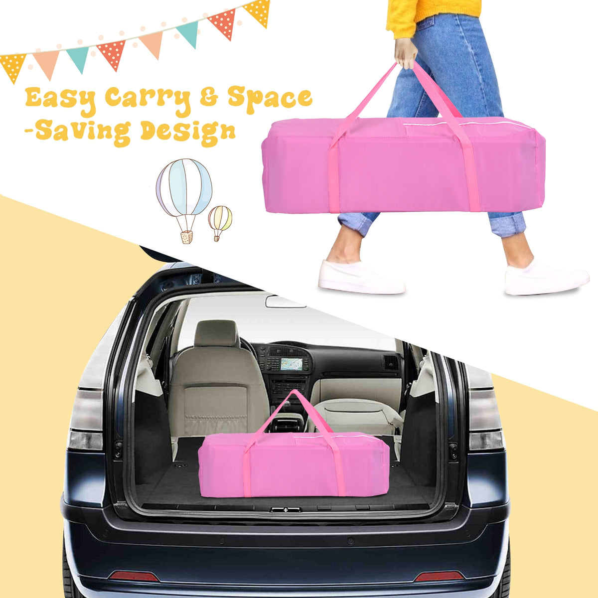 4-in-1 Portable Baby Playard with Carry Bag, Mosquito Net & Removable Bassinet - Pink
