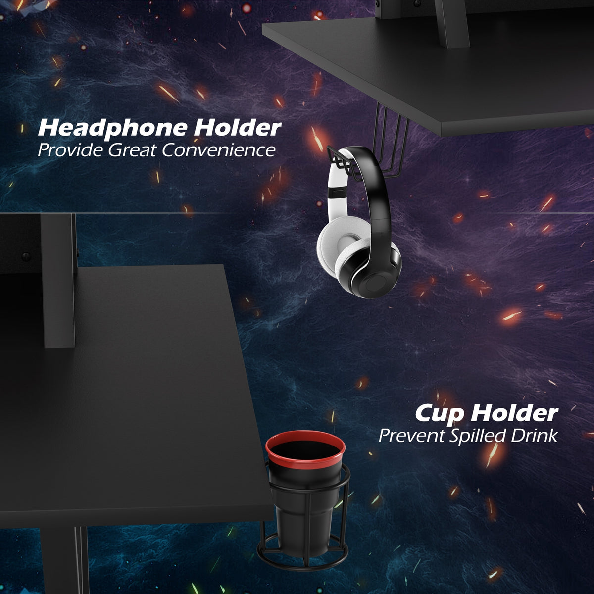 Gaming Desk with Monitor Shelf, Cup & Headphone Holder