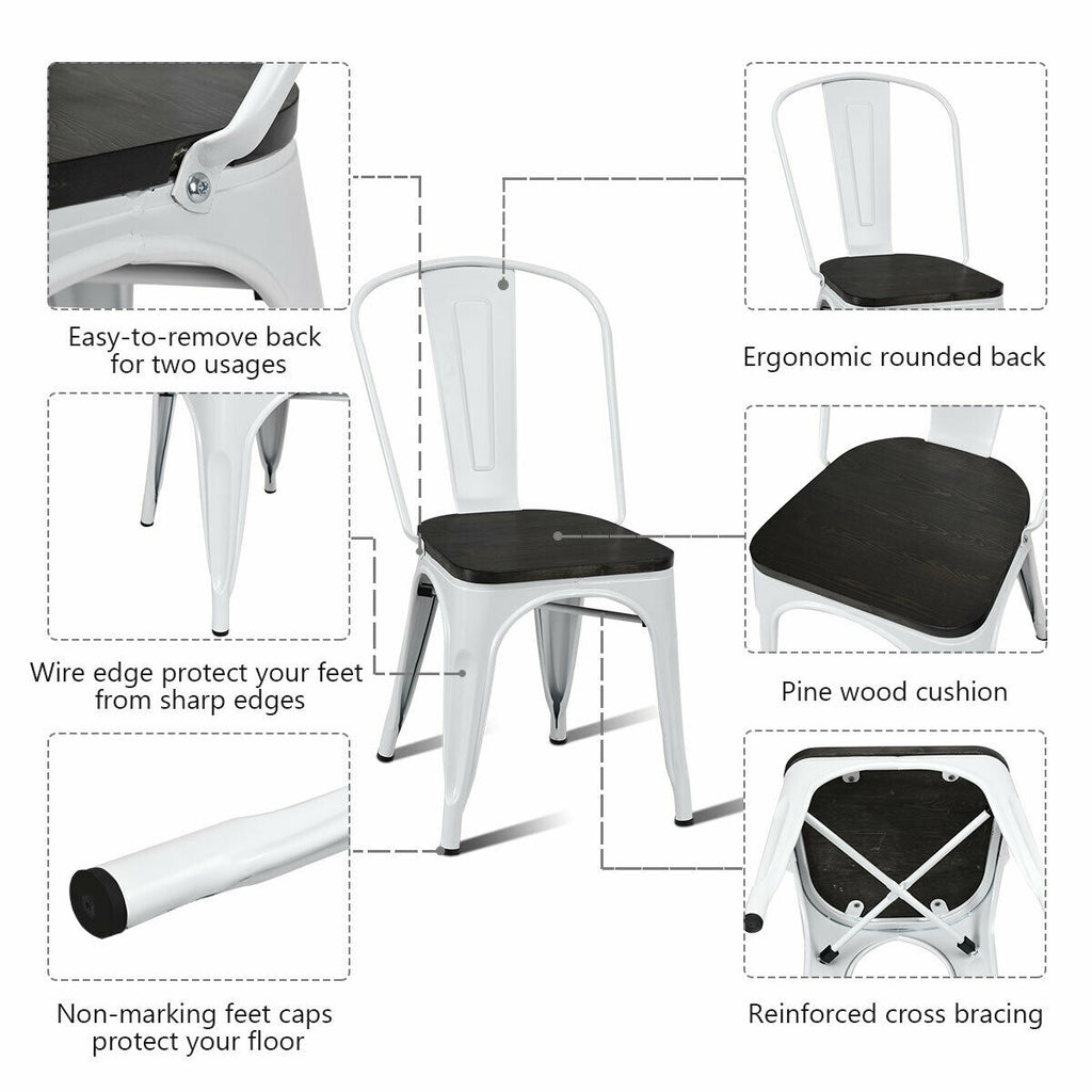 4 Piece Metal Dining Chairs with Wood Seat - White
