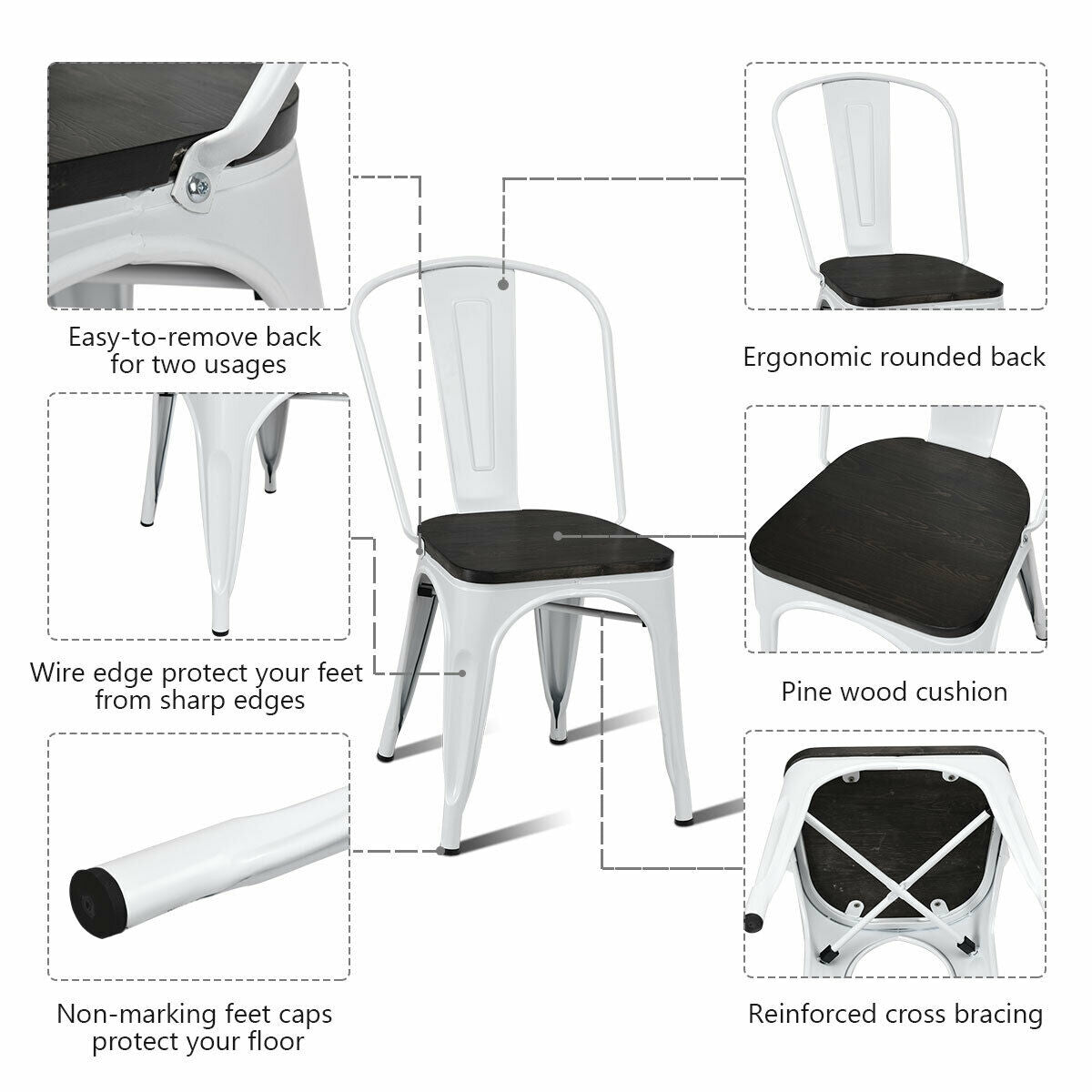 4 Piece Metal Dining Chairs with Wood Seat - White
