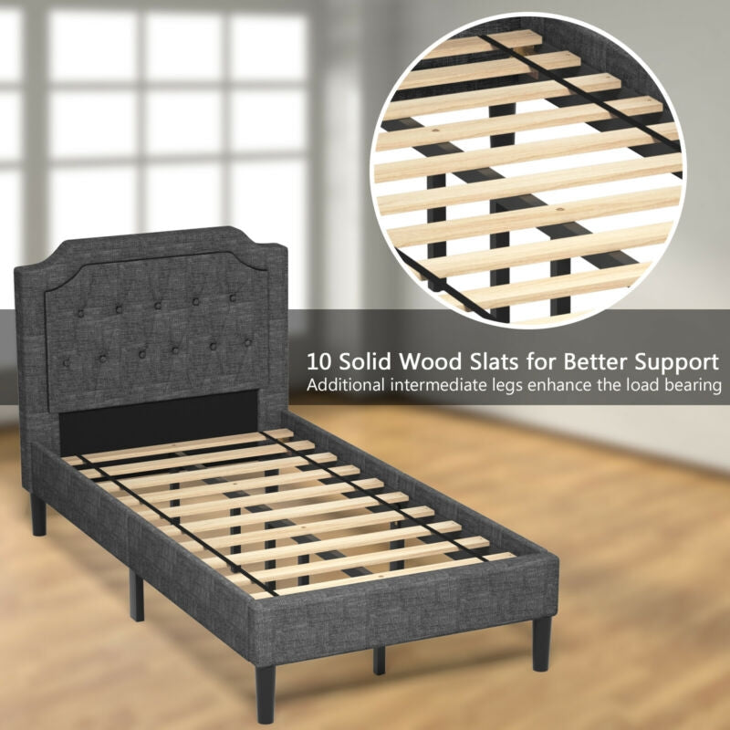 Twin Upholstered Platform Bed with Button-Tufted Headboard