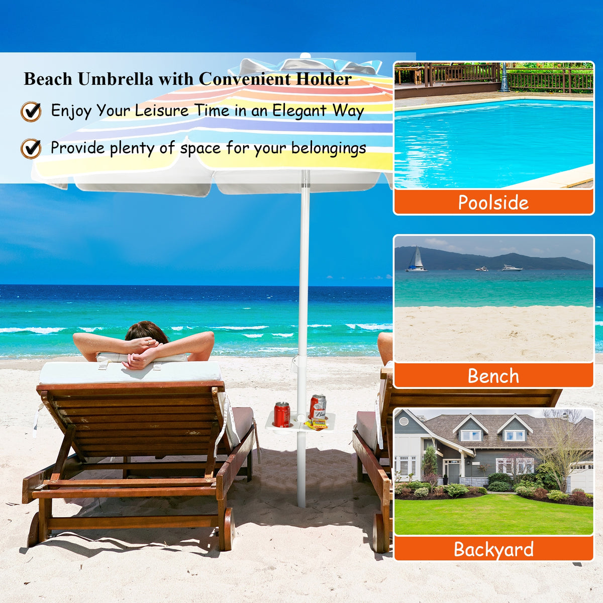 7.2 FT Beach Umbrella with Sand Anchor & Tilt – Multicolor