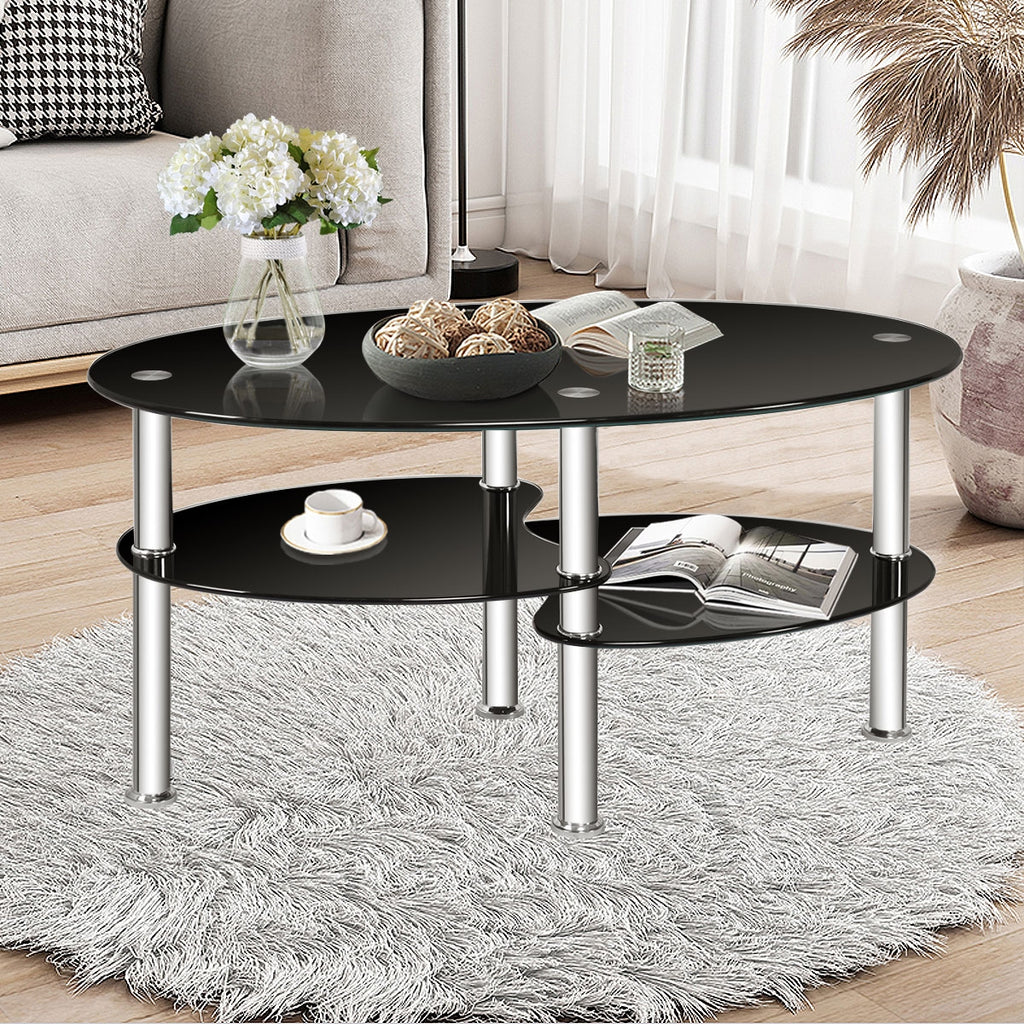 Tempered Glass Oval Coffee Table with Storage – Black