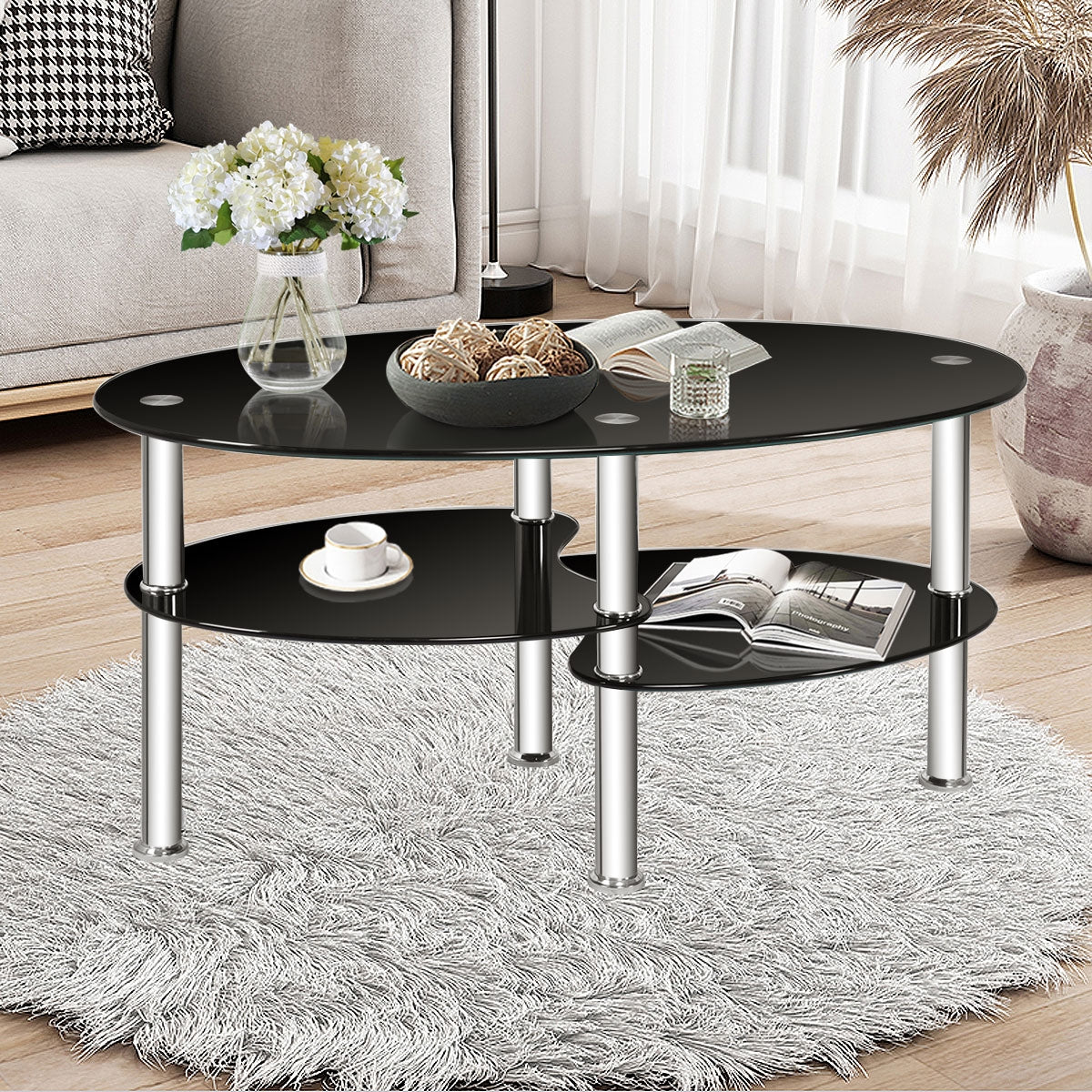 Tempered Glass Oval Coffee Table with Storage – Black