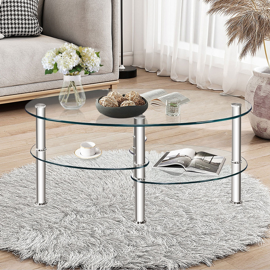 Tempered Glass Oval Coffee Table with Storage – Black