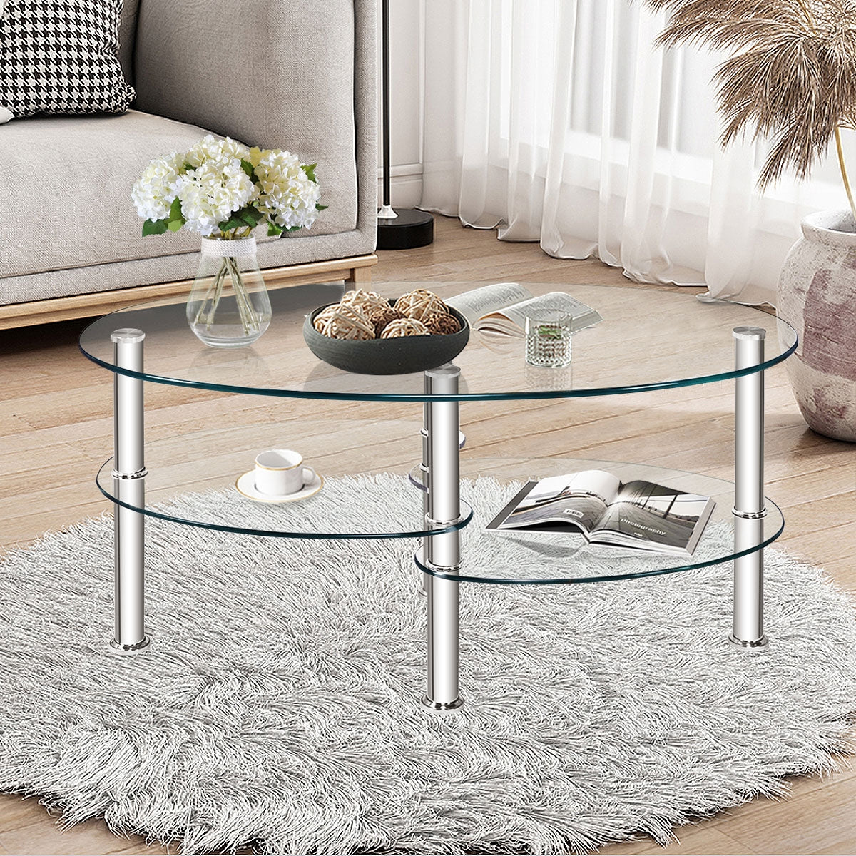 Tempered Glass Oval Coffee Table with Storage – Black