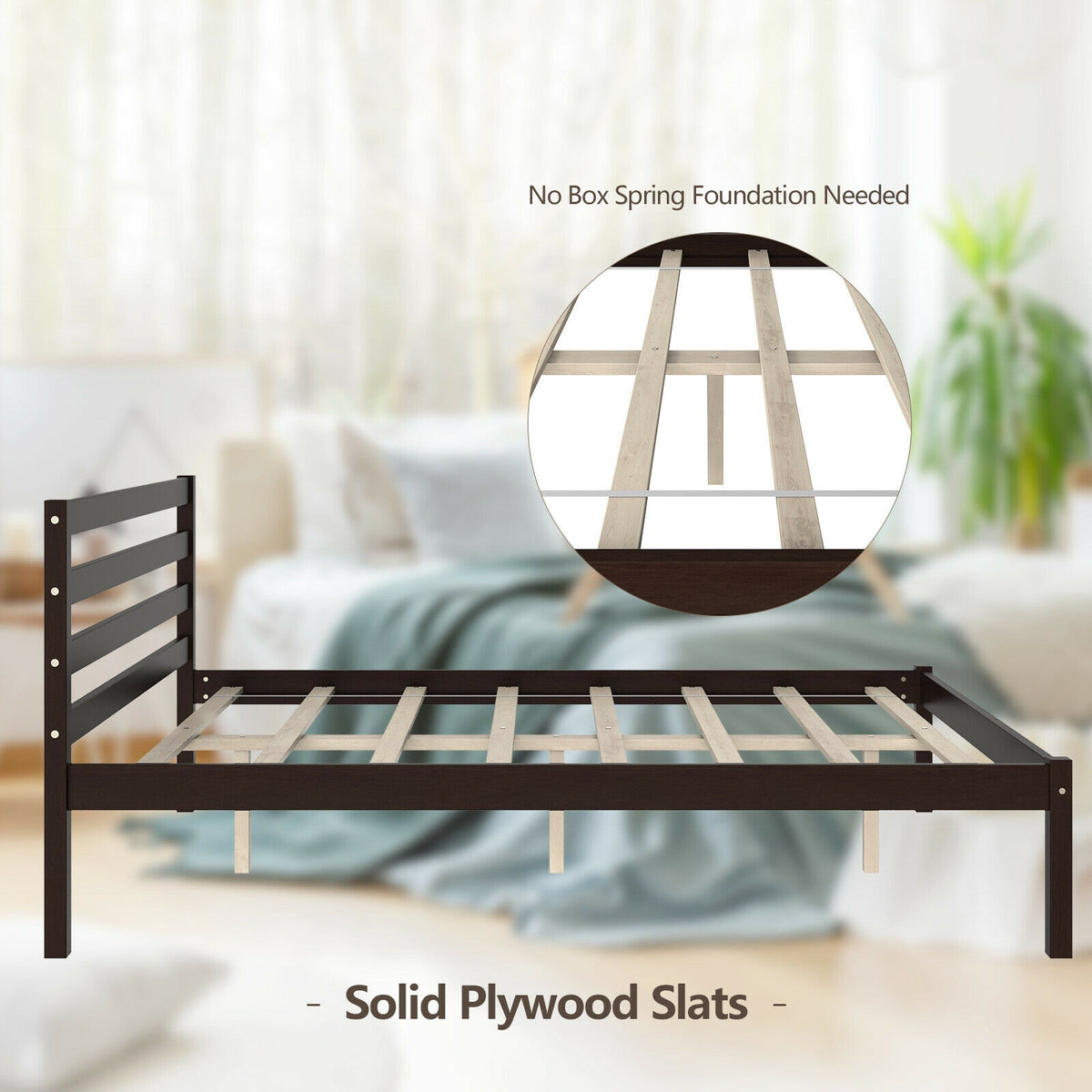 Full Size Bed Frame with Wooden Headboard & Slat Support