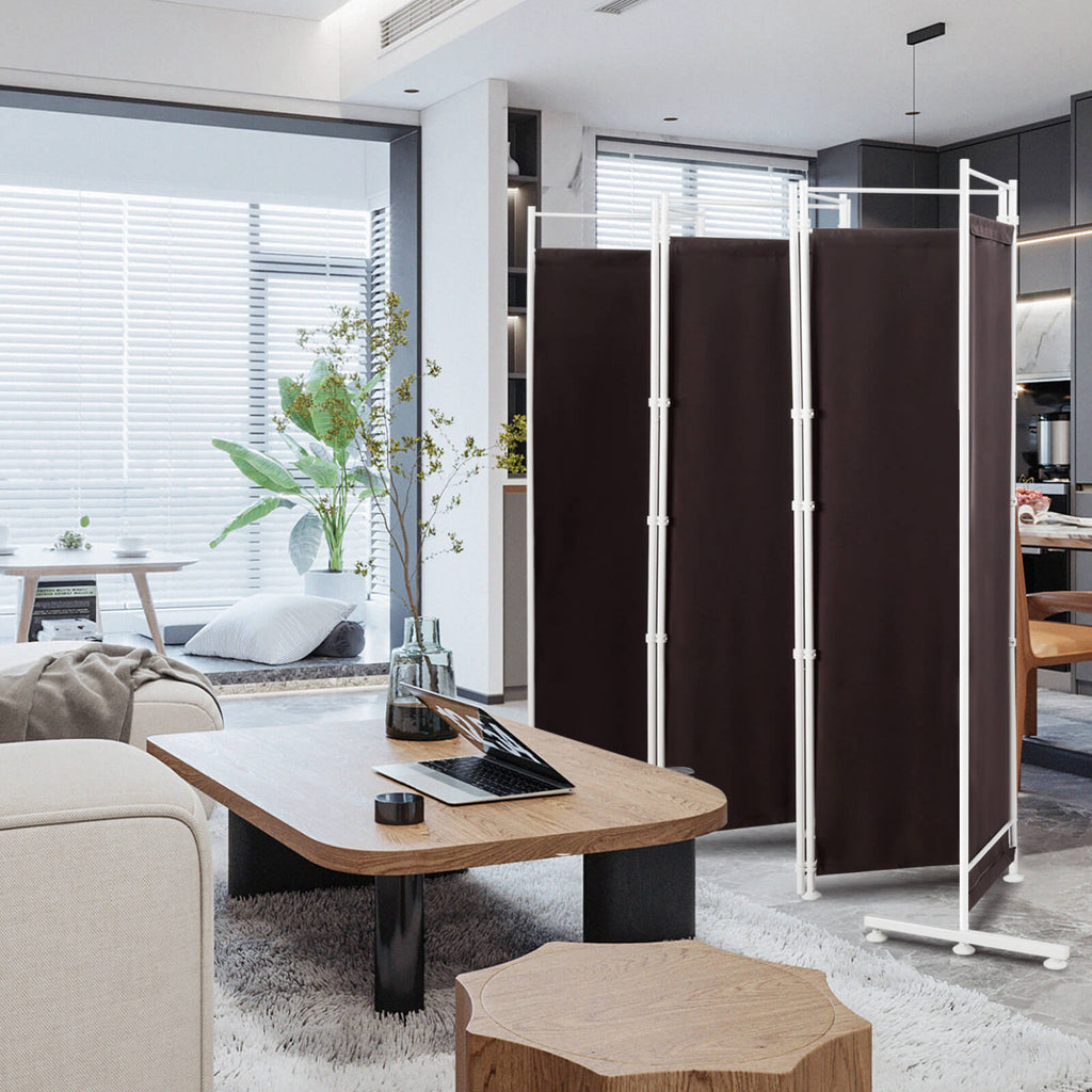 6-Panel Room Divider with Steel Support Base - White, No Wheels, Adjustable Feet
