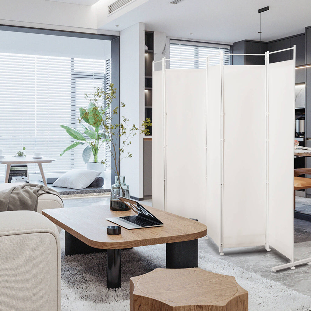 6-Panel Room Divider with Steel Support Base - White, No Wheels, Adjustable Feet