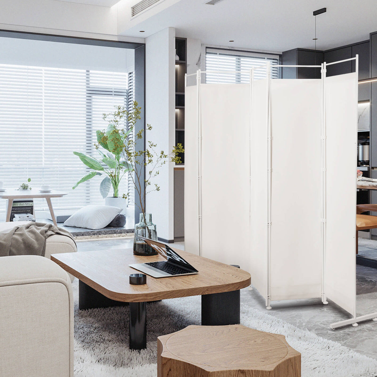 6-Panel Room Divider with Steel Support Base - White, No Wheels, Adjustable Feet