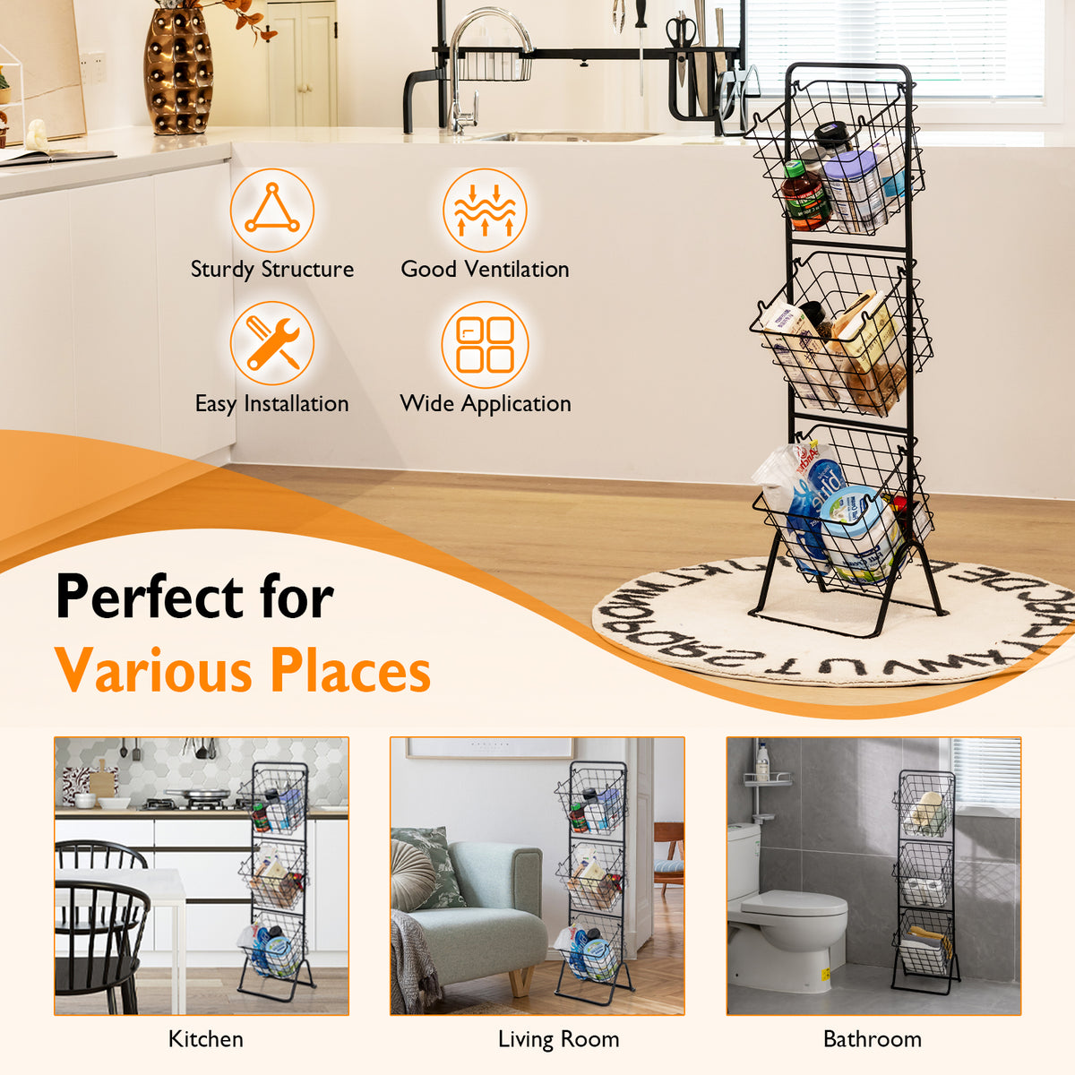 Adjustable 3-Tier Fruit Basket Stand for Kitchen & Organizing