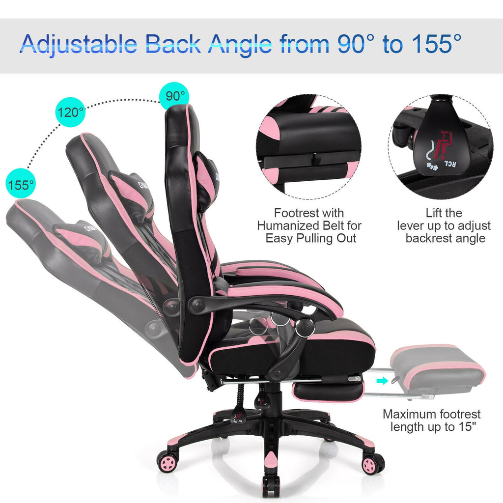 Adjustable Gaming Chair with Footrest, Pink