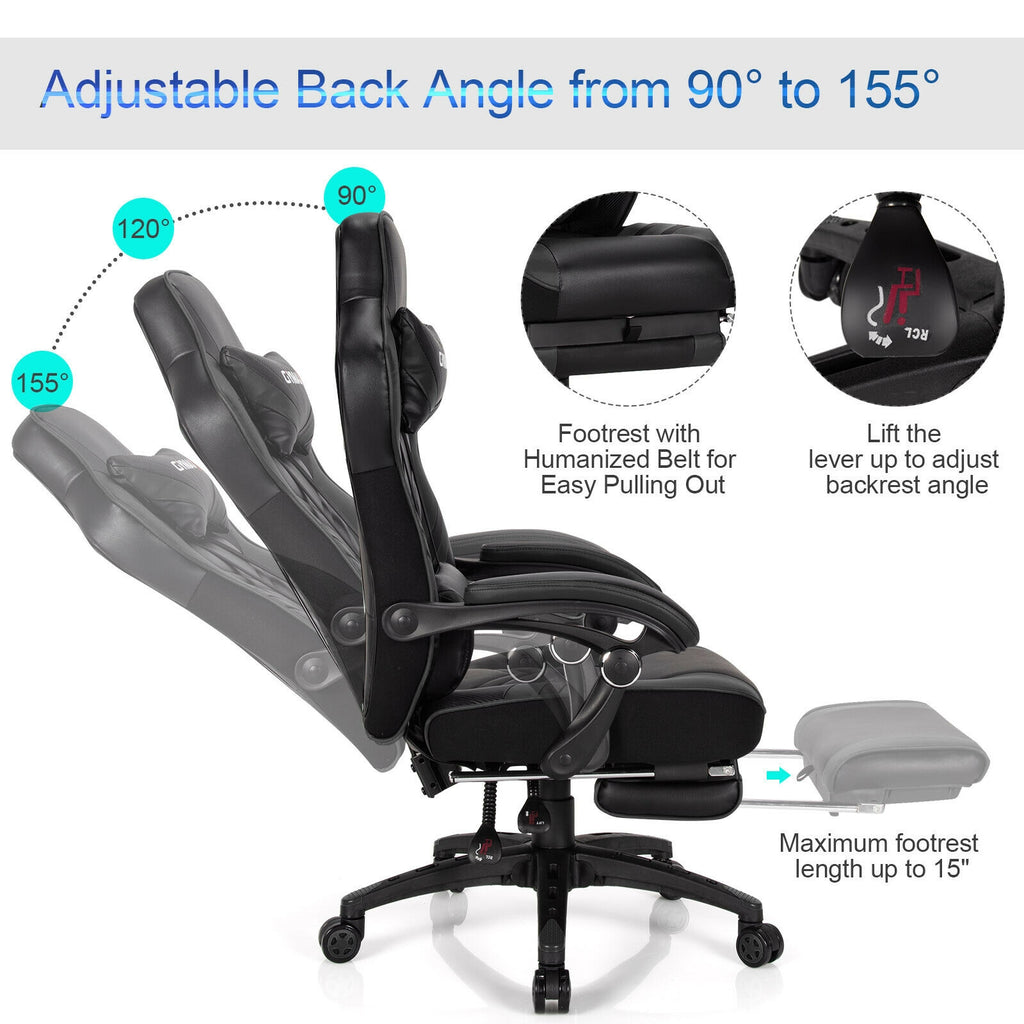 Adjustable Gaming Chair with Footrest, Black