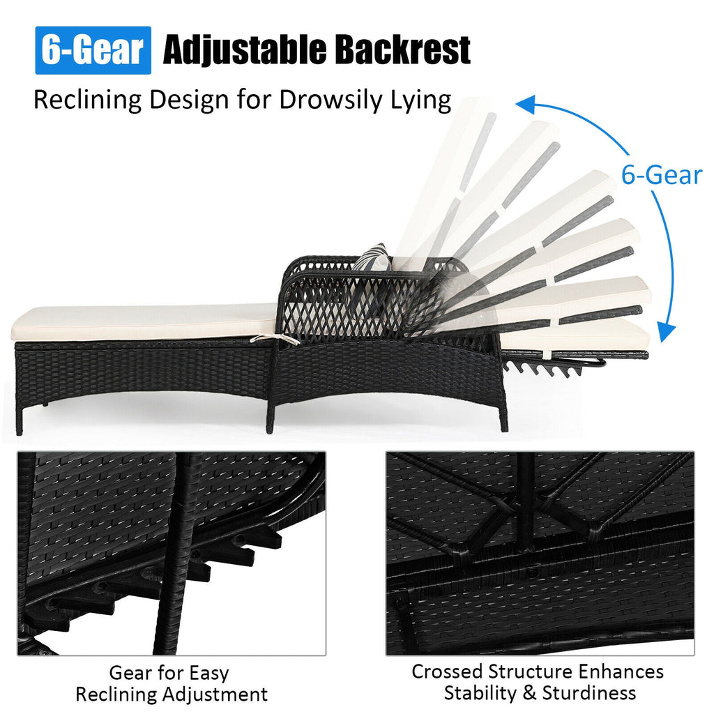 Patio Wicker Chaise Lounge Chair with Pillow and Adjustable Backrest