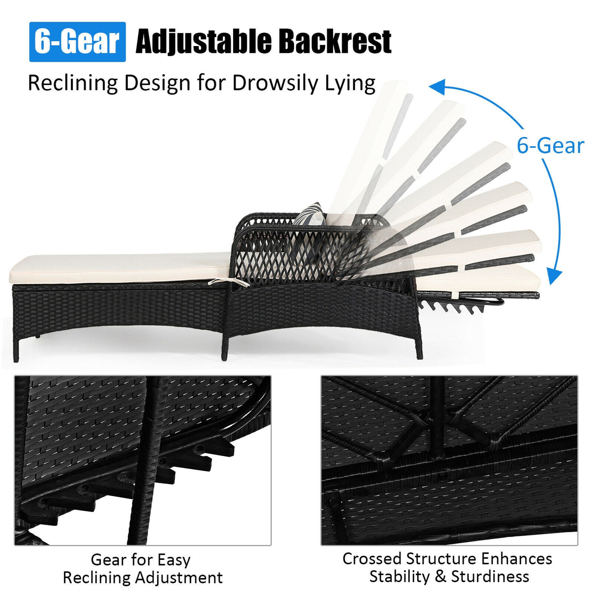 Patio Wicker Chaise Lounge Chair with Pillow and Adjustable Backrest