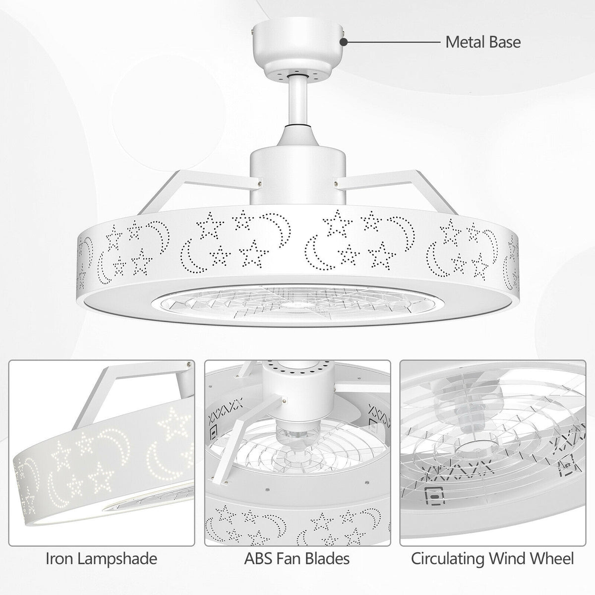 White 23-Inch Ceiling Fan with LED Light and Remote Control
