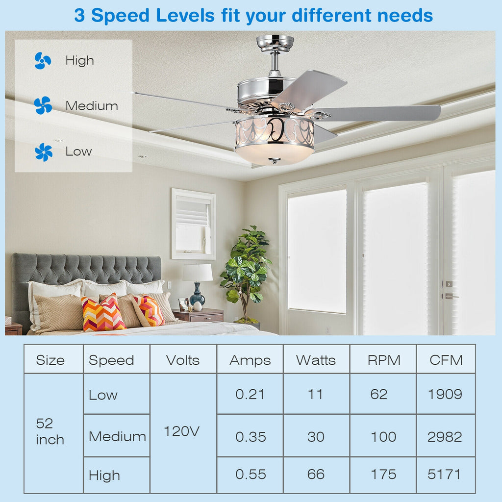 52-Inch Ceiling Fan with Light Reversible Blades and Remote Control - Silver