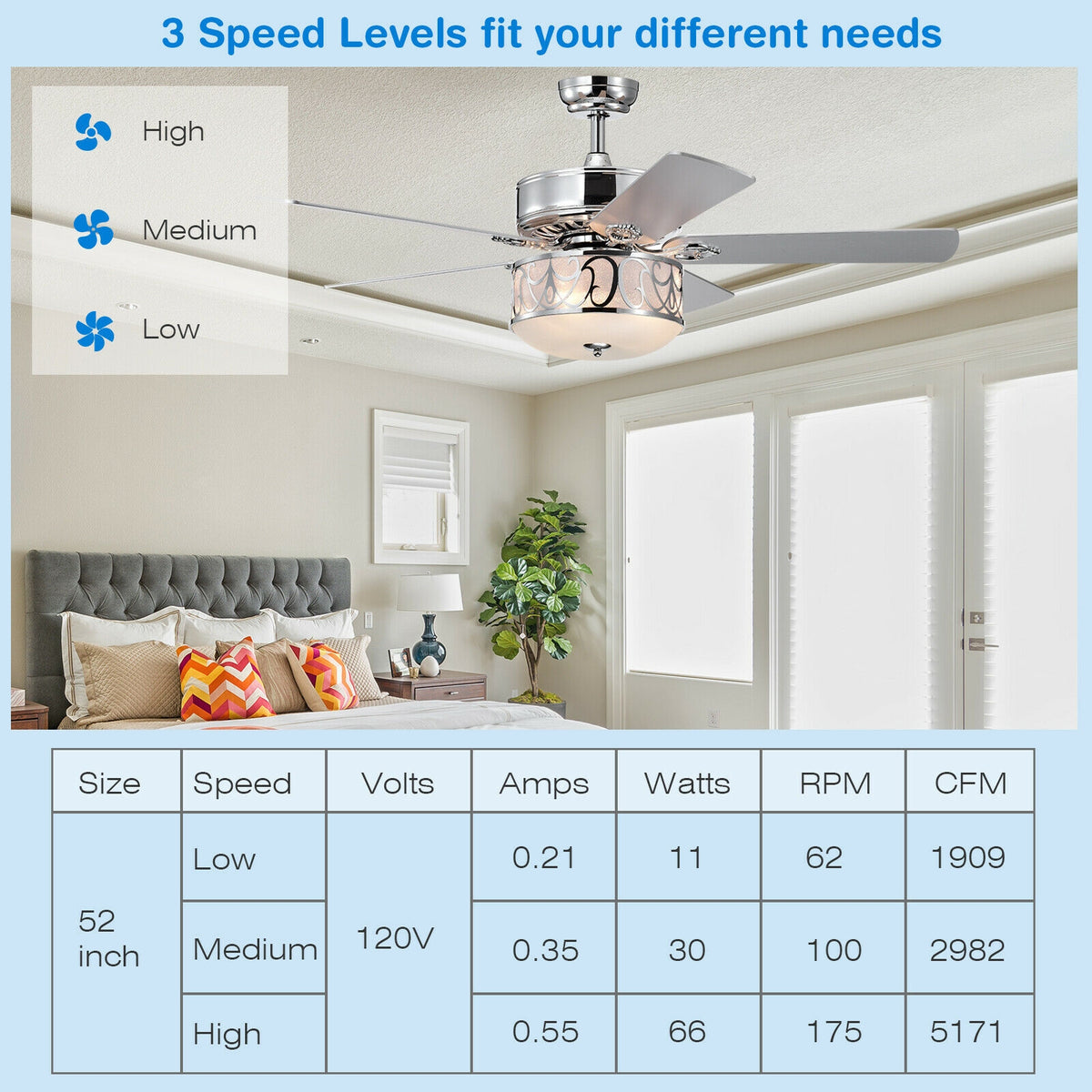 52-Inch Ceiling Fan with Light Reversible Blades and Remote Control - Silver